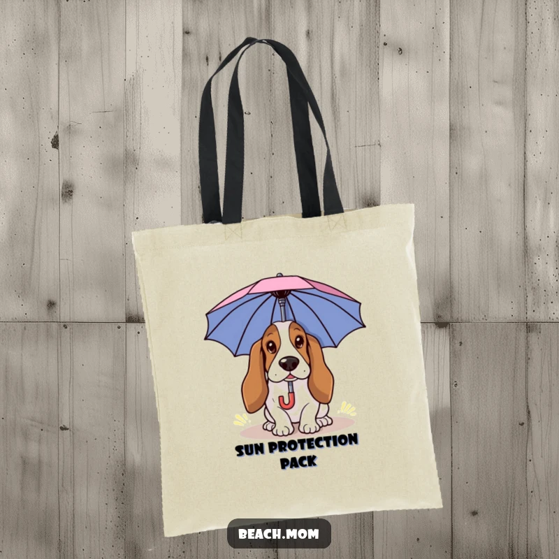 Funny Basset Hound tote bag showing a dog using a small umbrella for sun protection, ideal for humorous outings.